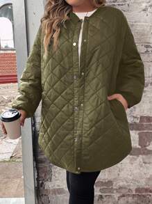 SHEIN CURVE+ Curve Plus 斜口袋棒球领弧形下摆绗缝外套，冬季 - 軍綠色 - 查看 4