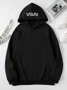 Manfinity Homme 男士休闲宇航员印花宽松保暖连帽卫衣，秋冬款 - 黑色 - 查看 2