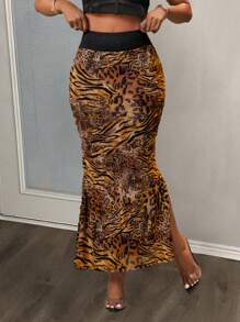 Slaydiva Falda larga ajustada casual y elegante con estampado de leopardo - Negro - Ver 2