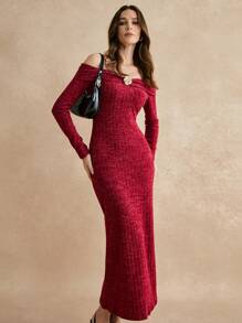 Poéselle Bourgondische lange jurk met één schouder en driedimensionale rozendecoratie, geschikt voor elegante feesten, 24AW winter