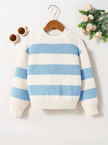 SHEIN Young Girl Striped Round Neck Loose Fit Casual Knitted Sweater, Autumn/Winter - Multicolor - View 1