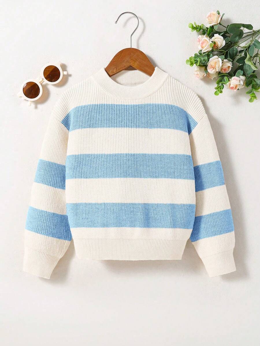 SHEIN Young Girl Striped Round Neck Loose Fit Casual Knitted Sweater, Autumn/Winter - Multicolor - View 1