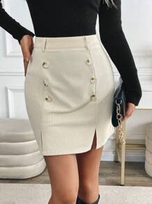 Chiquease Váy ngắn dáng chữ A bằng vải nhung kẻ trơn cho nữ mặc thường ngày/đi làm - Màu be - Xem 1