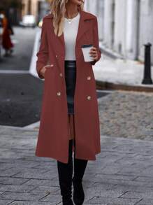 Chiquease 1pc Women Plain Front Button Long Sleeve Casual Fitted Trench Coat - Redwood - View 3