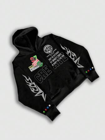 Street Life Men Casual Street Stylish Letter, Star & Flame Print Zip-Up Hooded Sweatshirt, Thermal Lined