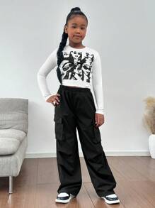 Conjunto de 2 piezas para niñas preadolescentes: Camiseta de manga larga ajustada con estampado de retrato y pantalones de utilidad de unicolor, conjunto de ropa informal para otoño/invierno