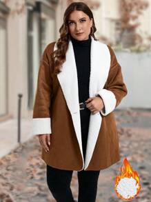SHEIN LUNE Plus Size Faux Shearling Button Up Jacket, Contrasting Colors, Suitable For Winter