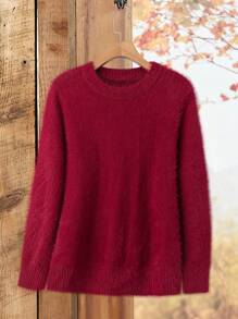 SHEIN LUNE Plus Size Women Solid Color Crew Neck Long Sleeve Casual Sweater For Autumn/Winter Knit Pullover Fall Sweater - Red - View 1