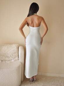 SHEIN ICON Đầm hở lưng hở vai gợi cảm 3D trang trí hoa cho nữ - Màu be - Xem 2