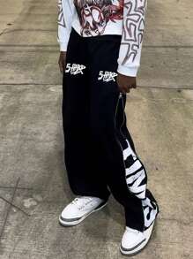 Manfinity Dauomo Men's Casual Versatile Letter Print Zip Design Sweatpants - Black - View 1