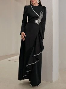 Veilorie Women's Elegant Puff Sleeve Ruffle Trim Dress With Sequins And Beads Decor Modest - Black - View 5