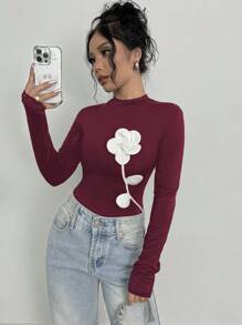 Firerie Women's Autumn Elegant Vintage Floral Print Tight Fit Long Sleeve T-Shirt, Suitable For Work And Holiday