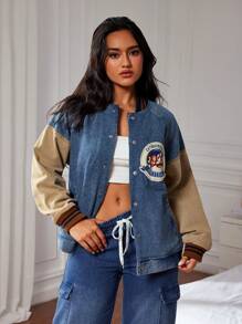 SHEIN ICON Damen Lässig Kontrast Farbblock Patchwork Emblem Denim Jacke, Herbst