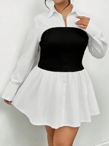 SHEIN Frenchy Plus Size Black & White Patchwork A-Line Dress, Fashionable Item For Autumn/Winter, Can Be Paired With Long Coats