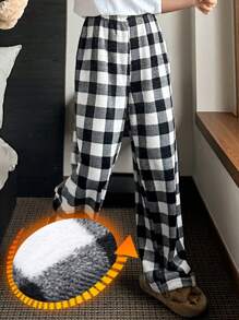 DAZY Coral Fleece Plaid Pattern Soft Straight-Leg Sleepwear Bottom Fall,Winter Fluffy