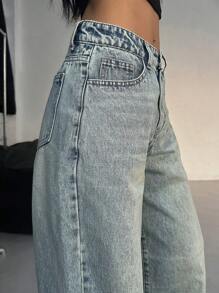 DAZY Women Casual Front Button Pocket Straight Leg Denim Jeans,Baggy Jeans