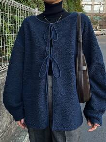 FRIFUL Damska kurtka casualowa z długim rękawem i wiązaniem z przodu, jednokolorowa, do noszenia na co dzień, jesienna odzież damska