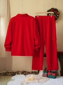 Manfinity Homme 2pcs Men Casual Solid Color Workwear Shirt And Pants Set, Autumn, For Christmas - Orange - View 2