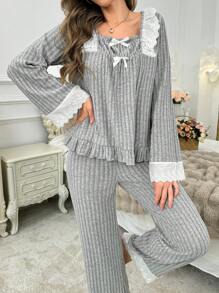 Conjunto de ropa de dormir de manga larga con cuello cuadrado y ribete de color contrastante, de ajuste suelto para primavera y otoño