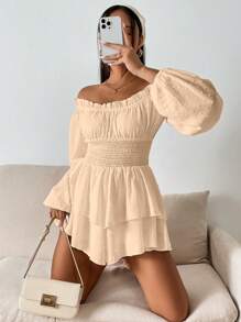 SHEIN VCAY Holiday Casual Solid Color Lantern Sleeve Tie-Waist Off Shoulder Romper - Apricot - View 6