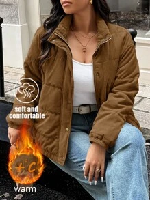 Calvaya Plus Size Solid Color Zipper Winter Clothes Long Sleeve Padded Padded Coat - Mocha Brown - View 1