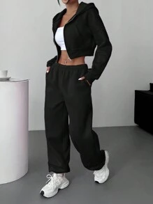 SHEIN EZwear 黑色针织女式休闲运动服 - 黑色 - 查看 5