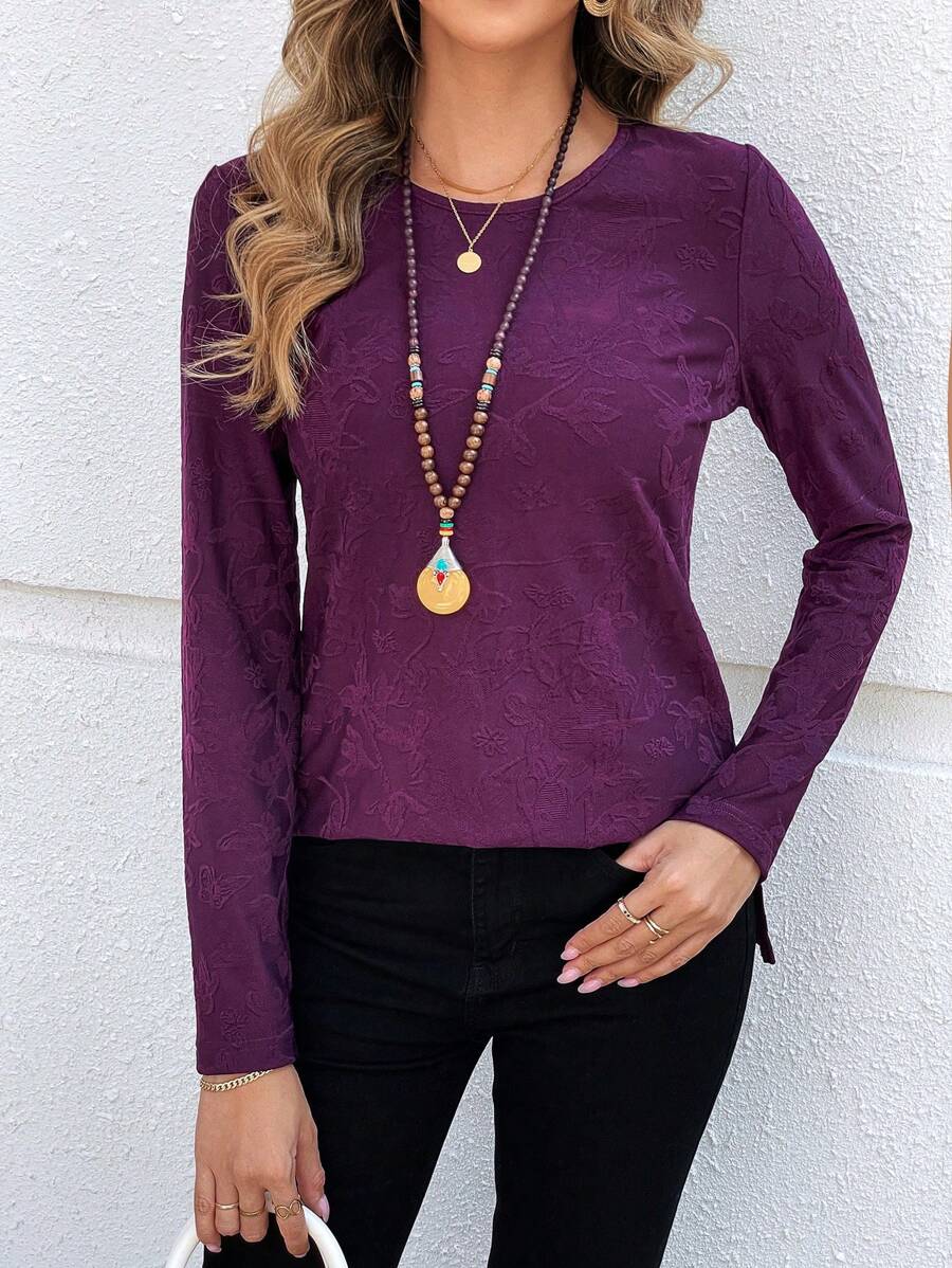 EMERY ROSE Women Plain Round Neck Long Sleeve Casual T-Shirt