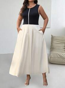 SHEIN Unity Vestido largo de talla grande con cierre de cremallera, sin mangas y en colores contrastantes negro y blanco - Multicolor - Ver 4