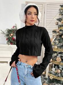 Lunelith SHEIN Lunessa Women's Solid Color Stand Collar Dropped Shoulder Long Sleeve Cropped Casual Pullover Sweater, Autumn/Winter