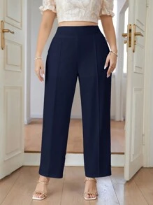 SHEIN PETITE CURVE Quần ống đứng màu trơn thường ngày cỡ lớn, thích hợp mặc hàng ngày - Màu xanh hải quân - Xem 6