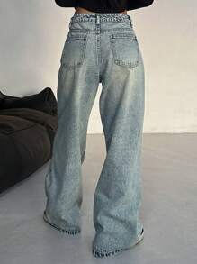 DAZY Women Casual Front Button Pocket Straight Leg Denim Jeans,Baggy Jeans