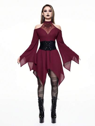 Goth Vestido asimétrico con cuello halter, hombros descubiertos, mangas abombadas y dobladillo irregular en estilo gótico con bordado de malla para mujeres