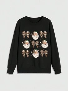 ROMWE Goth 圣诞豹纹蝴蝶结圣诞老人图案宽松圆领女式运动衫 - 黑色 - 查看 1