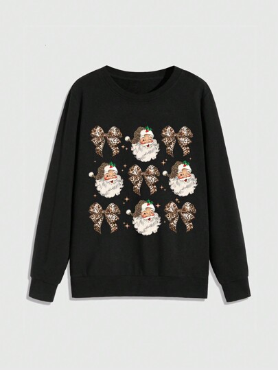 Goth Pull oversize à col rond pour femmes avec motif de nœud léopard de Noël et du Père Noël
