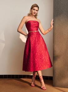 MOTF PREMIUM 提花图案纯色喇叭下摆中长连衣裙 - 紅色 - 查看 5