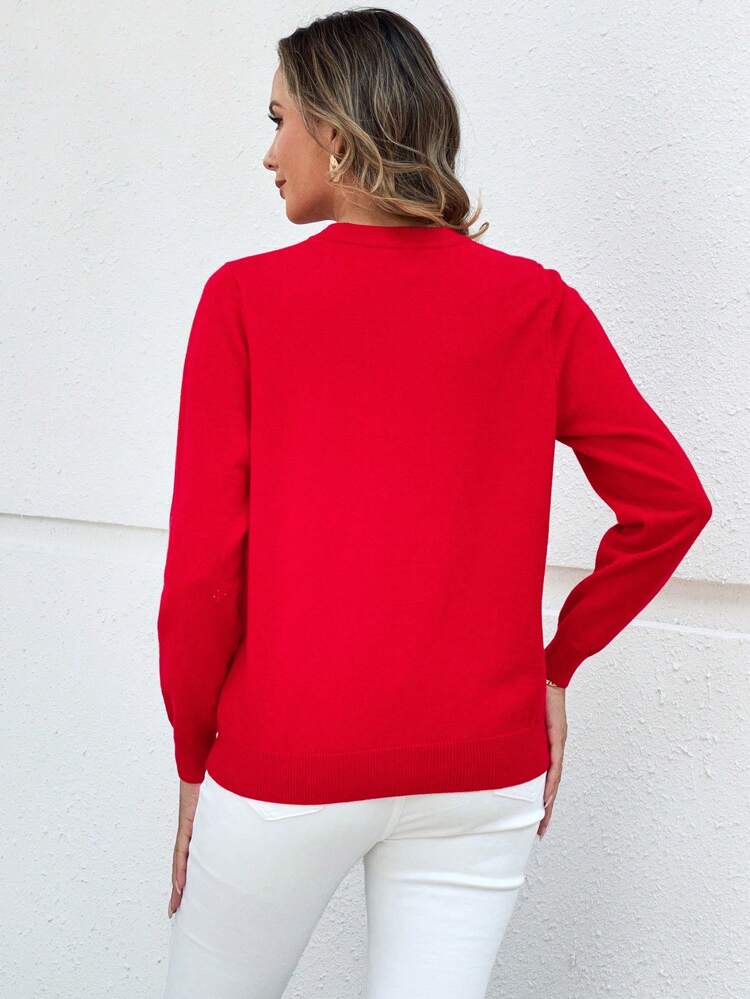 Red Sweater Rhinestone-Embellished Long-Sleeve Round Neck Pullover Sweater