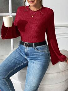 SHEIN Essnce Plus Size Women's Fall Long Sleeve Bodysuit Fall Women Winter Rib Knit Bodysuit - Burgundy - View 3