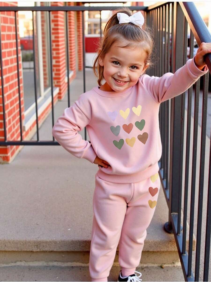 Elladie kids 2pcs Set, Young Girl Heart Print Crew Neck Sweatshirt And Cuffed Pants, Casual, Autumn - Pink - View 1