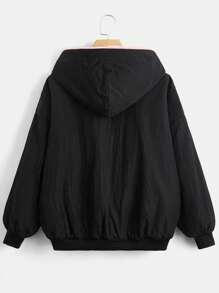 SHEIN CURVE+ 冬季加大码撞色连帽毛绒衬里拉链长袖夹克 - 粉色 - 查看 4