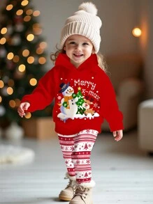 SHEIN 2pcs/Set Christmas Baby Girl Red Autumn Funny Graphic Reindeer & Santa Claus Fair Isle Drop Shoulder Hoodie Sweatshirt And Leggings Birthday Set - Multicolor - View 1