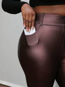 SHEIN Unity 大码女式纯色罗纹口袋紧身裤，紧身版型，适合秋冬季 - 鏽棕色 - 查看 6