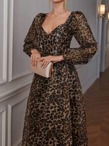 Chiquease 优雅复古法式方领欧根纱豹纹印花开衩杯灯笼袖腰修身长袖连衣裙女士优雅 - 棕色 - 查看 4