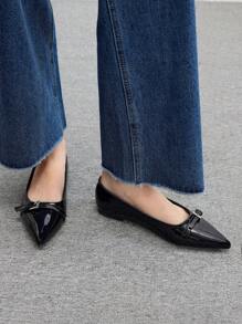 CUCCOO BIZCHIC Giày bệt mũi nhọn dây mỏng bằng da bóng màu đen thời trang, thích hợp đi làm, hẹn hò, mua sắm ngày lễ năm mới - màu đen - Xem 5