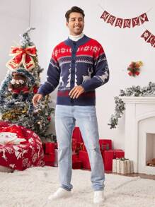 Manfinity VCAY Men's Fitted Graphic Crew Neck Casual Knitted Long Sleeve Cardigan Sweater, Suitable For Autumn/Winter, Christmas, Valentine's Day, Family Matching, Husband, Party - Multicolor - View 3