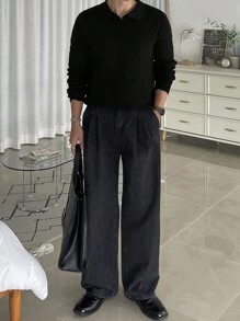 DAZY 1pc Solid Color Ribbed Knit Thickened Long Sleeve Sweater For Men, Autumn Buisness Attire - Black - View 5