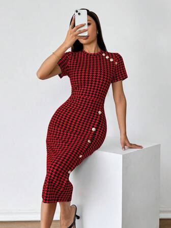 SHEIN Privé 1pc Women Elegant Houndstooth Print Fitted Dress