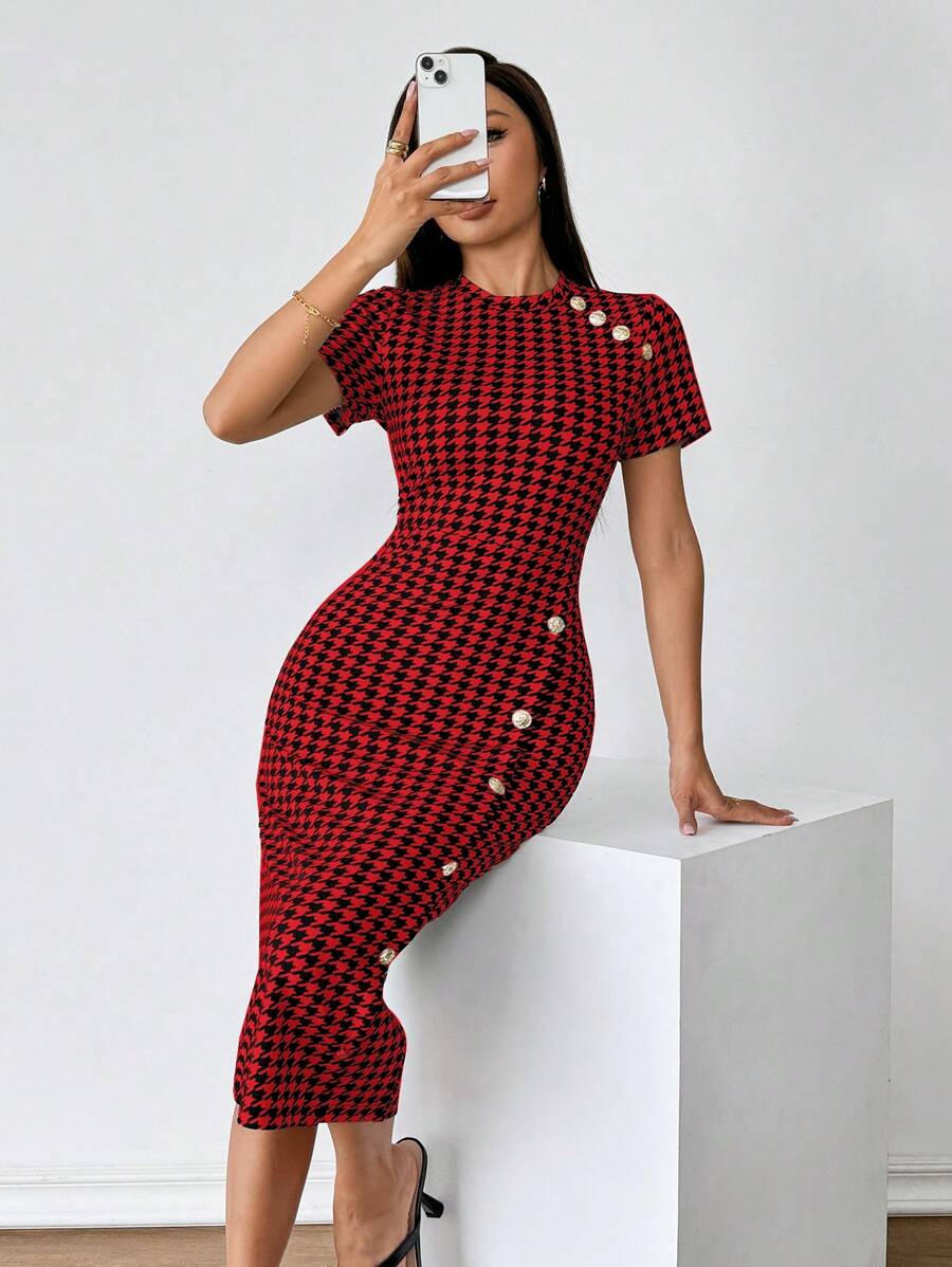 SHEIN Privé 1pc Women Elegant Houndstooth Print Fitted Dress - Red - View 1
