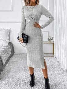 SHEIN Clasi Elegant Knotted Waist Design Round Neck Long Sleeve Slit Fitted Women Dress - Grey - View 5