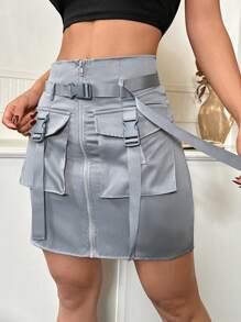 SHEIN EZwear Minifalda casual de mujer con bolsillos de cargo de unicolor