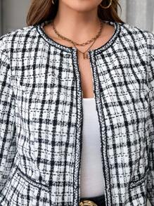 SHEIN Clasi Chaqueta corta de manga larga con abertura frontal a cuadros para mujer de talla grande, otoño/invierno